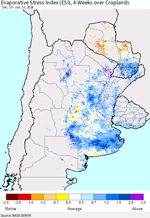 Southern South America Evaporative Stress Index (ESI), 4-Weeks over Croplands Thematic Map For 1/15/2024 - 1/21/2024