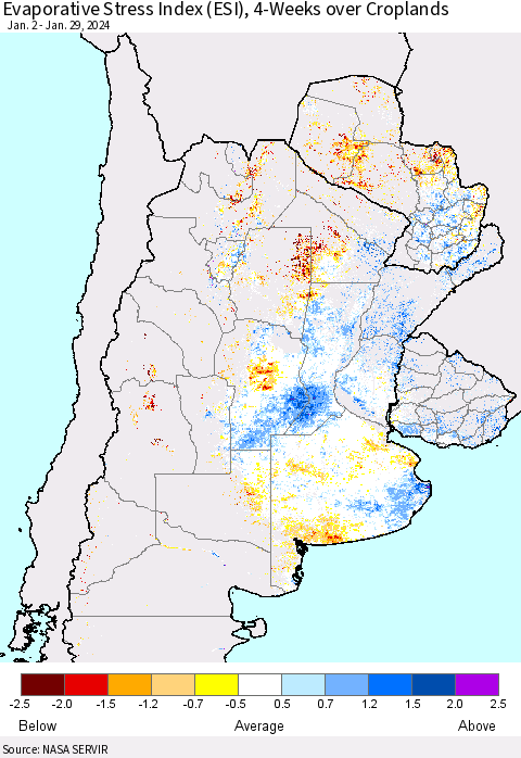 Southern South America Evaporative Stress Index (ESI), 4-Weeks over Croplands Thematic Map For 1/29/2024 - 2/4/2024