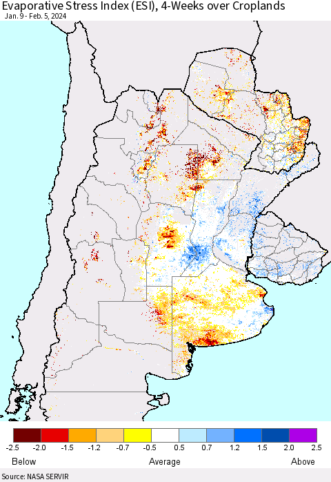 Southern South America Evaporative Stress Index (ESI), 4-Weeks over Croplands Thematic Map For 2/5/2024 - 2/11/2024