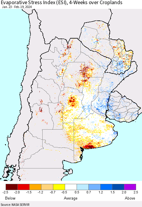 Southern South America Evaporative Stress Index (ESI), 4-Weeks over Croplands Thematic Map For 2/19/2024 - 2/25/2024