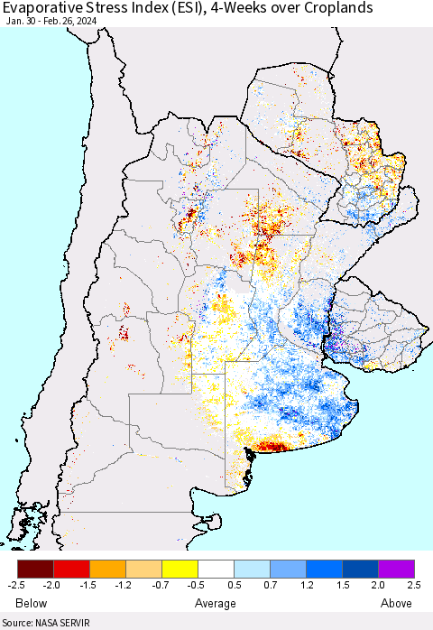 Southern South America Evaporative Stress Index (ESI), 4-Weeks over Croplands Thematic Map For 2/26/2024 - 3/3/2024
