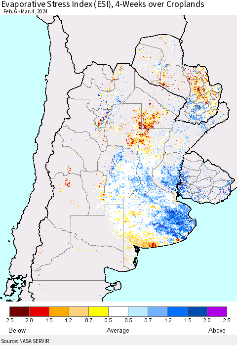 Southern South America Evaporative Stress Index (ESI), 4-Weeks over Croplands Thematic Map For 3/4/2024 - 3/10/2024