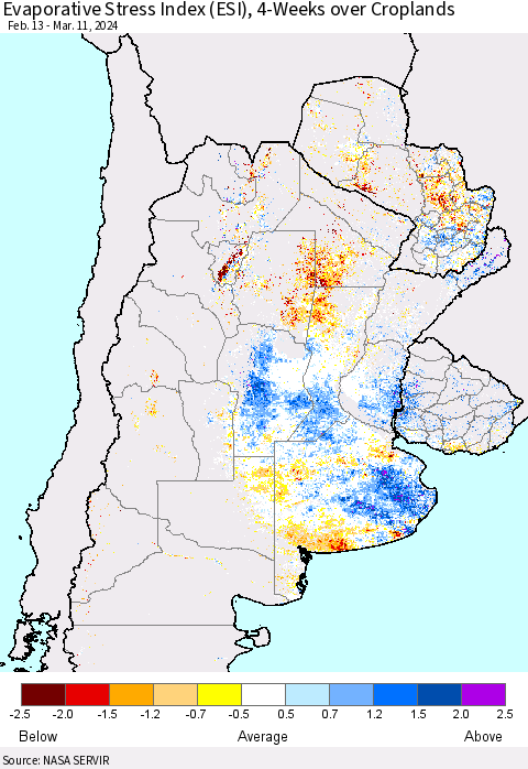 Southern South America Evaporative Stress Index (ESI), 4-Weeks over Croplands Thematic Map For 3/11/2024 - 3/17/2024