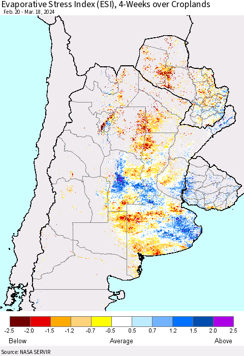 Southern South America Evaporative Stress Index (ESI), 4-Weeks over Croplands Thematic Map For 3/18/2024 - 3/24/2024