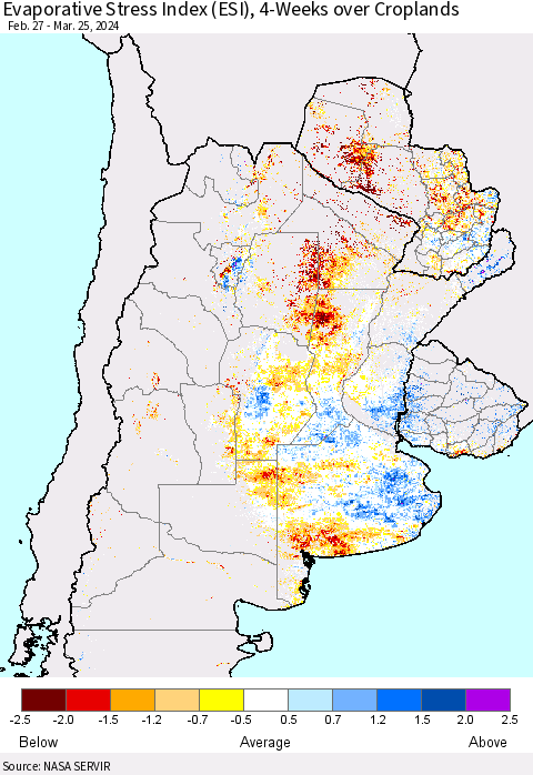Southern South America Evaporative Stress Index (ESI), 4-Weeks over Croplands Thematic Map For 3/25/2024 - 3/31/2024