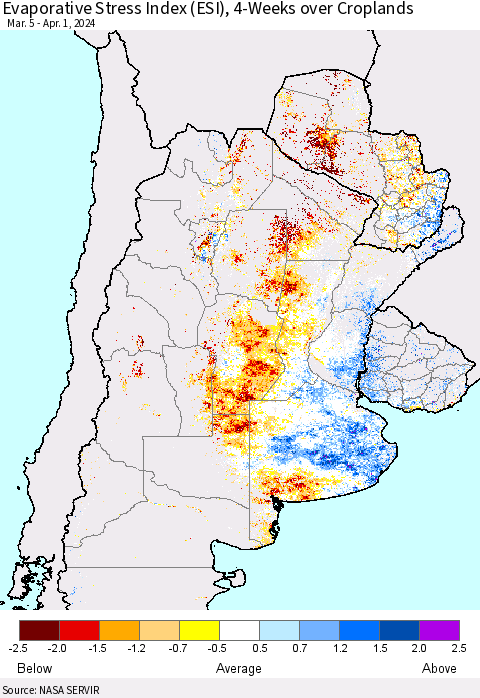 Southern South America Evaporative Stress Index (ESI), 4-Weeks over Croplands Thematic Map For 4/1/2024 - 4/7/2024