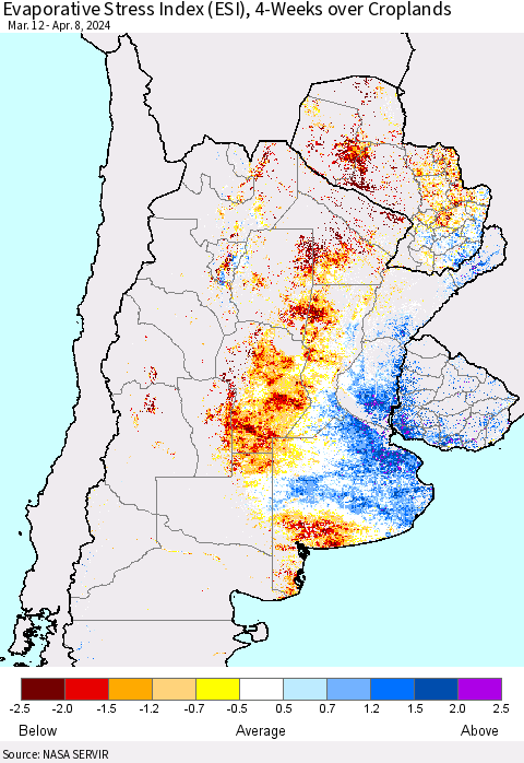 Southern South America Evaporative Stress Index (ESI), 4-Weeks over Croplands Thematic Map For 4/8/2024 - 4/14/2024