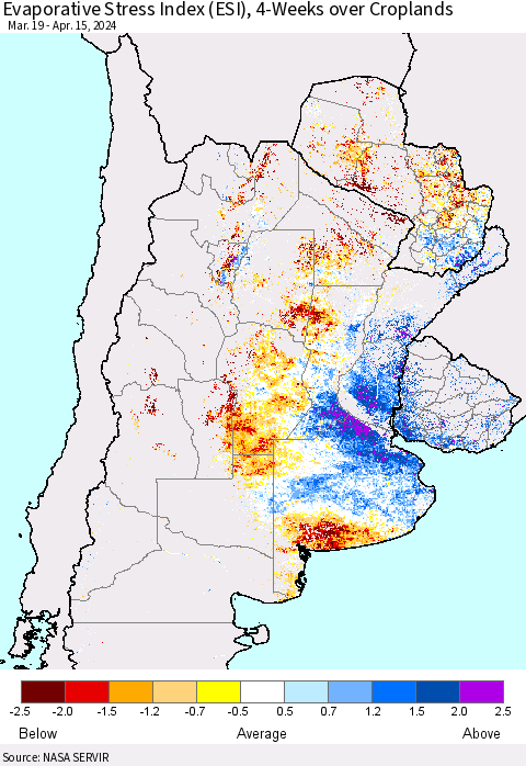 Southern South America Evaporative Stress Index (ESI), 4-Weeks over Croplands Thematic Map For 4/15/2024 - 4/21/2024