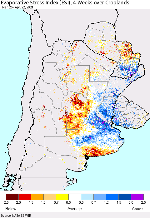 Southern South America Evaporative Stress Index (ESI), 4-Weeks over Croplands Thematic Map For 4/22/2024 - 4/28/2024