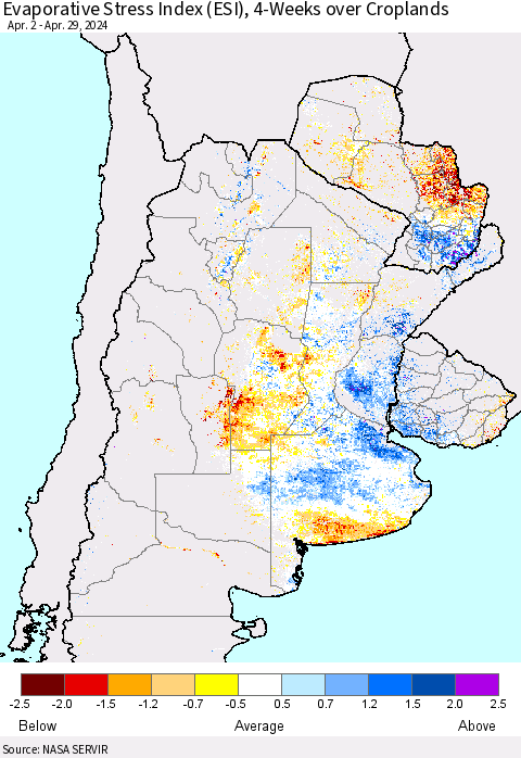 Southern South America Evaporative Stress Index (ESI), 4-Weeks over Croplands Thematic Map For 4/29/2024 - 5/5/2024