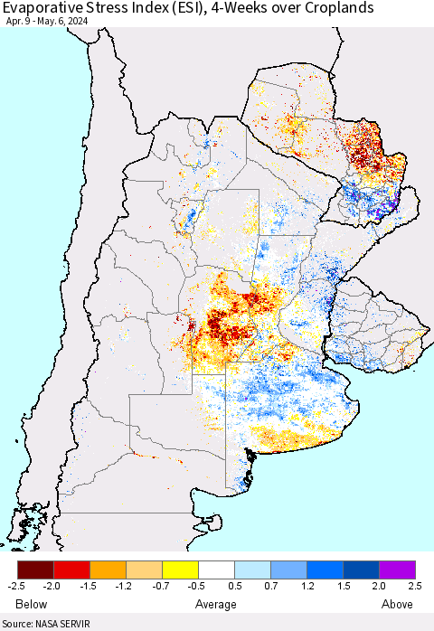 Southern South America Evaporative Stress Index (ESI), 4-Weeks over Croplands Thematic Map For 5/6/2024 - 5/12/2024