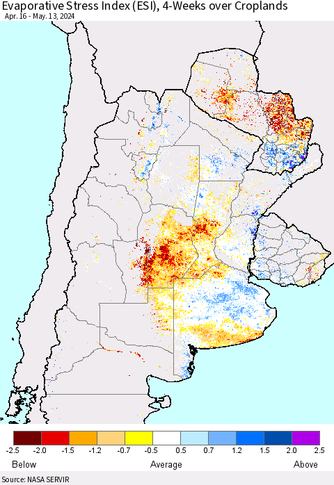 Southern South America Evaporative Stress Index (ESI), 4-Weeks over Croplands Thematic Map For 5/13/2024 - 5/19/2024