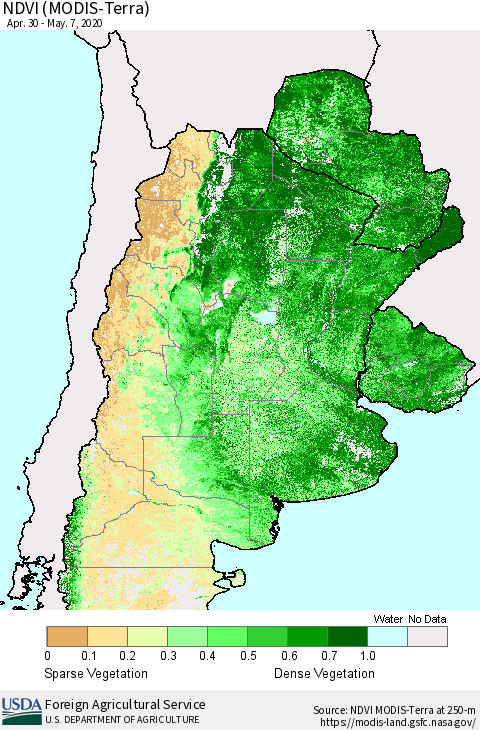 Southern South America NDVI (Terra-MODIS) Thematic Map For 5/1/2020 - 5/10/2020