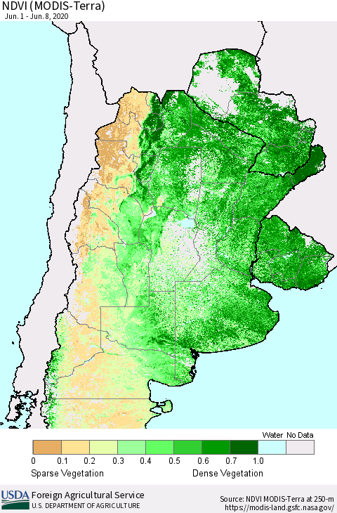 Southern South America NDVI (Terra-MODIS) Thematic Map For 6/1/2020 - 6/10/2020