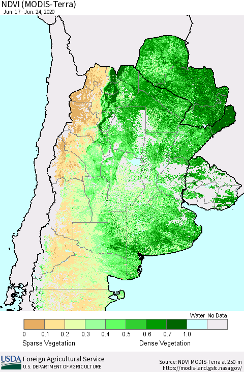 Southern South America NDVI (Terra-MODIS) Thematic Map For 6/21/2020 - 6/30/2020
