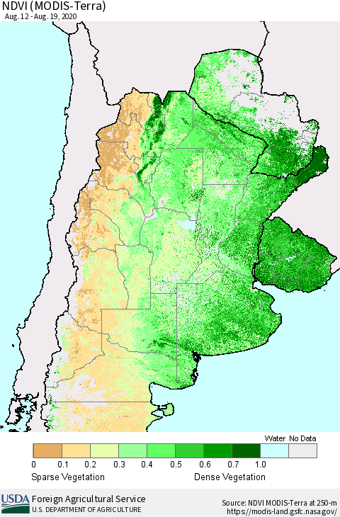 Southern South America NDVI (Terra-MODIS) Thematic Map For 8/11/2020 - 8/20/2020