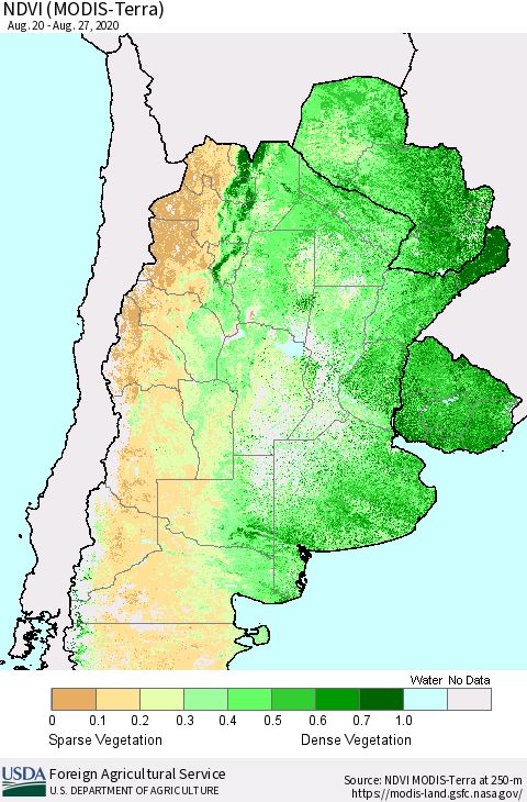 Southern South America NDVI (Terra-MODIS) Thematic Map For 8/21/2020 - 8/31/2020