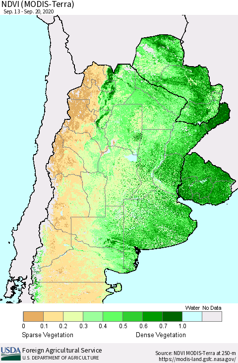 Southern South America NDVI (Terra-MODIS) Thematic Map For 9/11/2020 - 9/20/2020