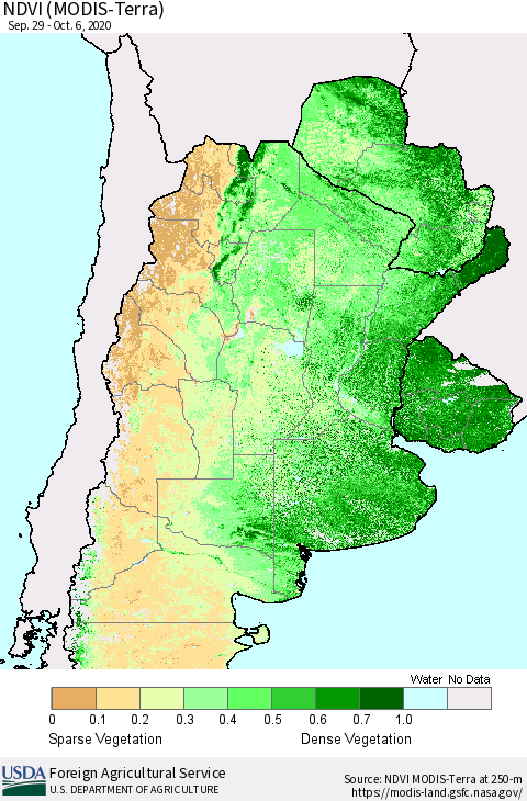 Southern South America NDVI (Terra-MODIS) Thematic Map For 10/1/2020 - 10/10/2020