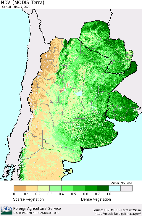 Southern South America NDVI (Terra-MODIS) Thematic Map For 11/1/2020 - 11/10/2020