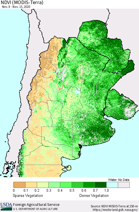 Southern South America NDVI (Terra-MODIS) Thematic Map For 11/11/2020 - 11/20/2020