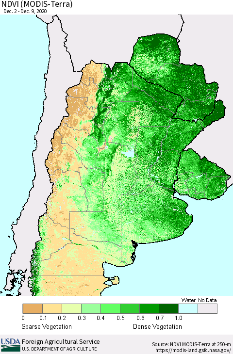 Southern South America NDVI (Terra-MODIS) Thematic Map For 12/1/2020 - 12/10/2020