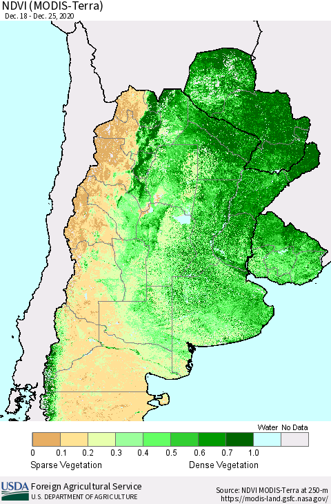 Southern South America NDVI (Terra-MODIS) Thematic Map For 12/21/2020 - 12/31/2020