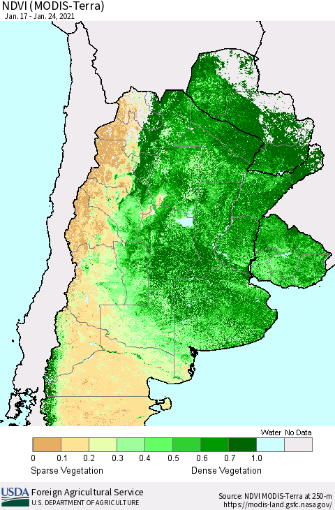 Southern South America NDVI (Terra-MODIS) Thematic Map For 1/21/2021 - 1/31/2021