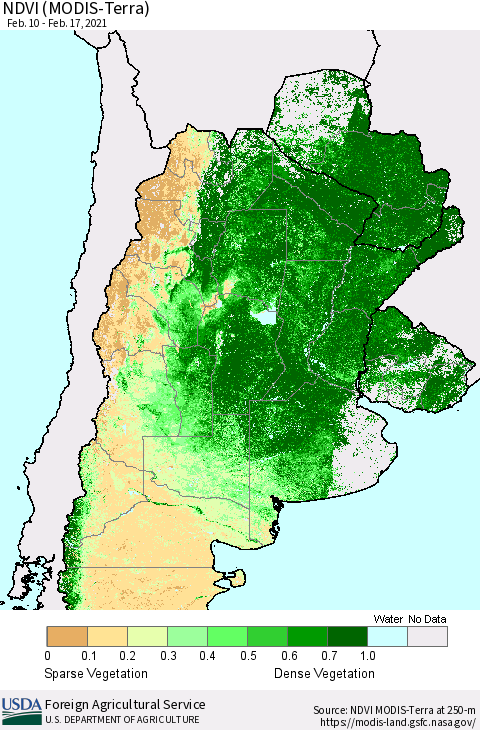 Southern South America NDVI (Terra-MODIS) Thematic Map For 2/11/2021 - 2/20/2021