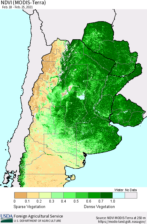 Southern South America NDVI (Terra-MODIS) Thematic Map For 2/21/2021 - 2/28/2021