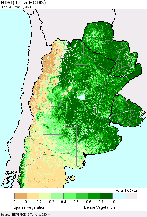 Southern South America NDVI (Terra-MODIS) Thematic Map For 2/26/2021 - 3/5/2021