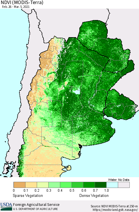Southern South America NDVI (Terra-MODIS) Thematic Map For 3/1/2021 - 3/10/2021