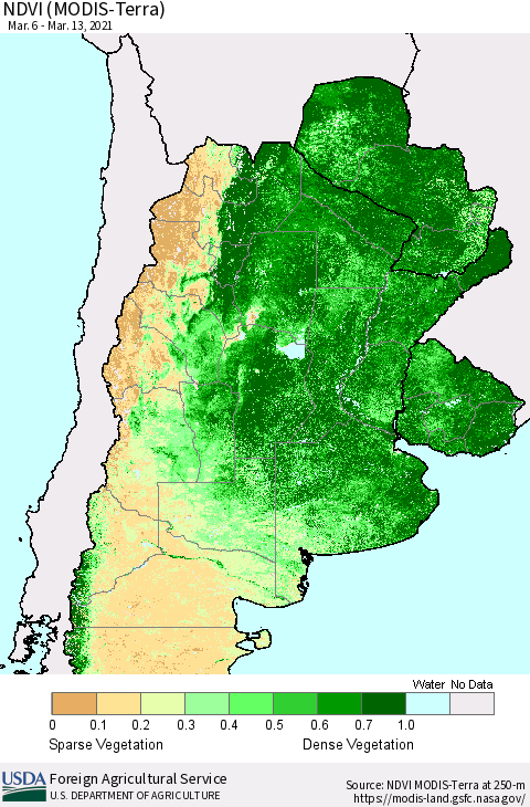 Southern South America NDVI (Terra-MODIS) Thematic Map For 3/11/2021 - 3/20/2021