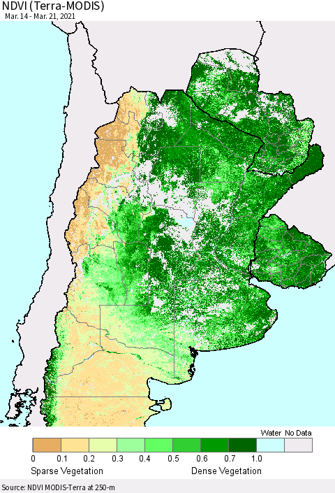 Southern South America NDVI (Terra-MODIS) Thematic Map For 3/14/2021 - 3/21/2021