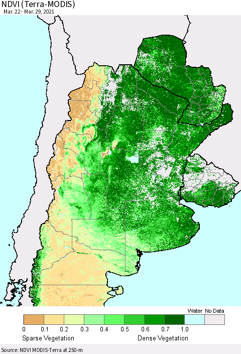 Southern South America NDVI (Terra-MODIS) Thematic Map For 3/22/2021 - 3/29/2021