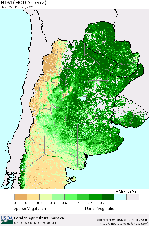 Southern South America NDVI (Terra-MODIS) Thematic Map For 3/21/2021 - 3/31/2021