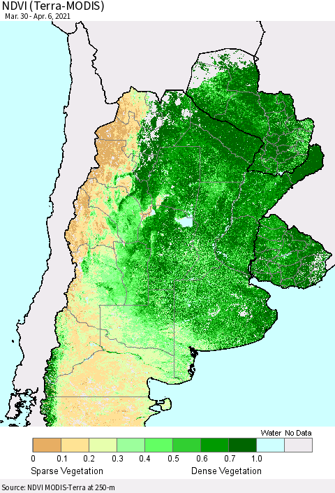 Southern South America NDVI (Terra-MODIS) Thematic Map For 3/30/2021 - 4/6/2021
