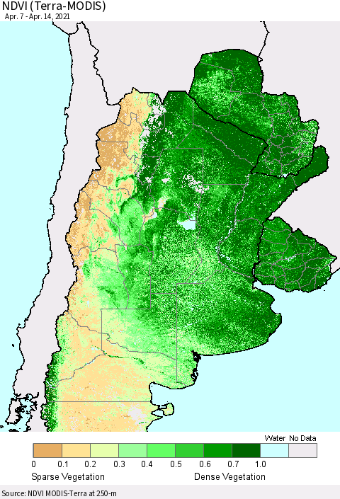 Southern South America NDVI (Terra-MODIS) Thematic Map For 4/7/2021 - 4/14/2021