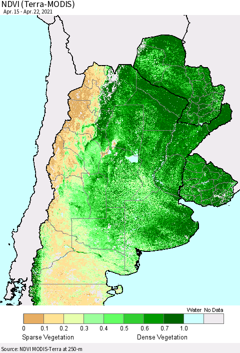 Southern South America NDVI (Terra-MODIS) Thematic Map For 4/15/2021 - 4/22/2021