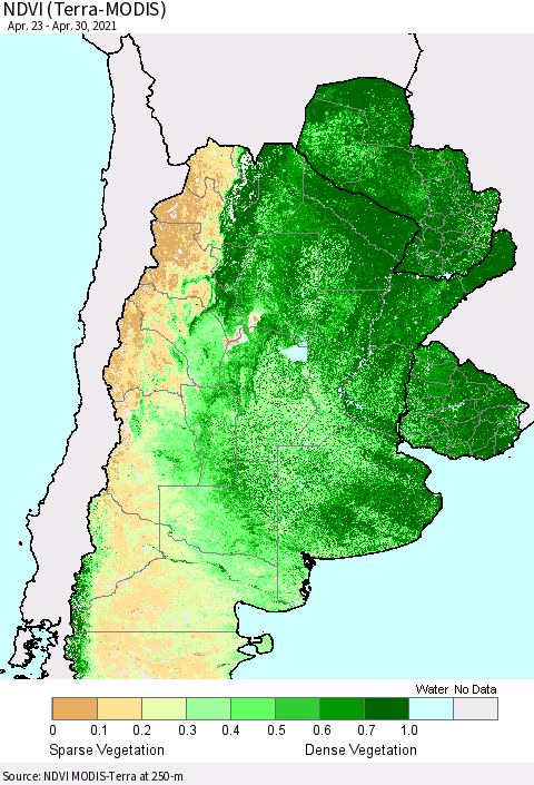 Southern South America NDVI (Terra-MODIS) Thematic Map For 4/23/2021 - 4/30/2021