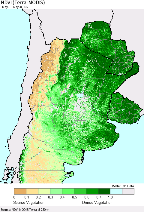 Southern South America NDVI (Terra-MODIS) Thematic Map For 5/1/2021 - 5/8/2021