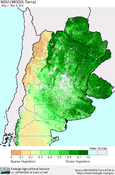 Southern South America NDVI (Terra-MODIS) Thematic Map For 5/1/2021 - 5/10/2021