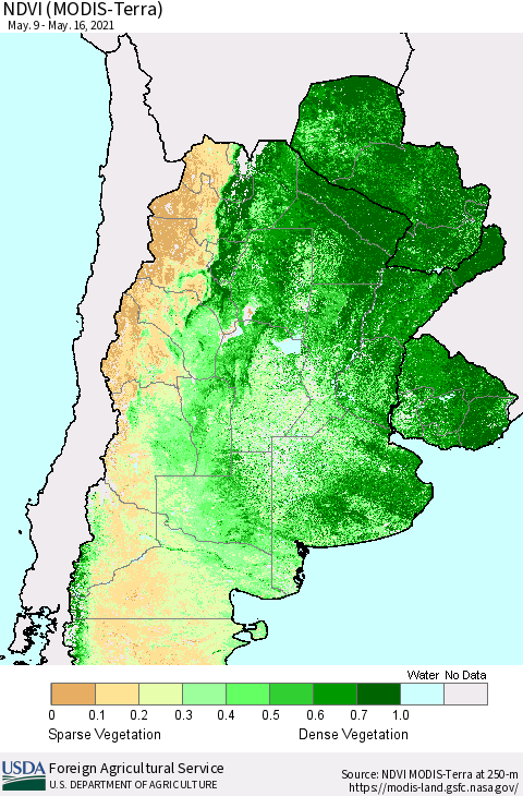 Southern South America NDVI (Terra-MODIS) Thematic Map For 5/11/2021 - 5/20/2021