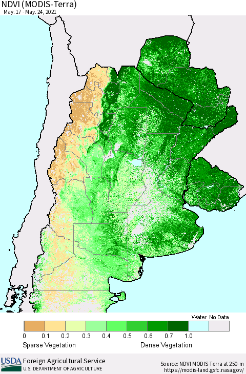Southern South America NDVI (Terra-MODIS) Thematic Map For 5/21/2021 - 5/31/2021