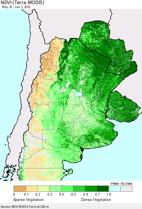 Southern South America NDVI (Terra-MODIS) Thematic Map For 5/25/2021 - 6/1/2021