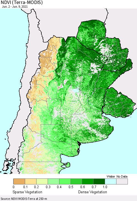 Southern South America NDVI (Terra-MODIS) Thematic Map For 6/2/2021 - 6/9/2021