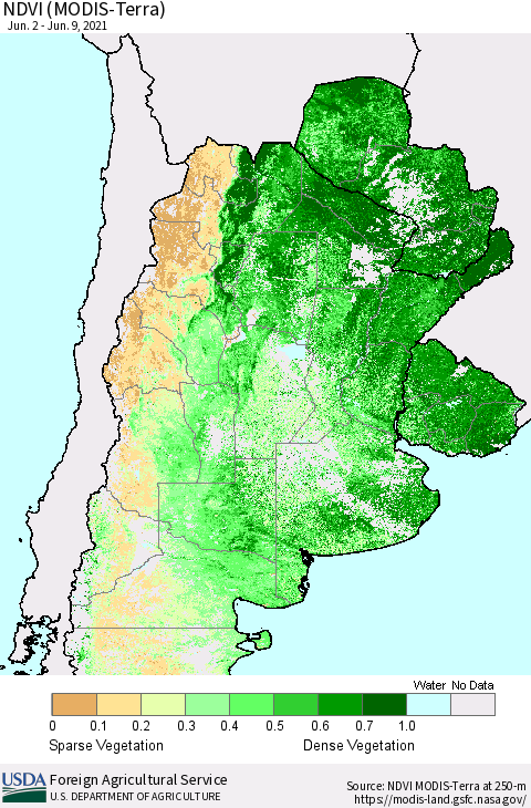 Southern South America NDVI (Terra-MODIS) Thematic Map For 6/1/2021 - 6/10/2021