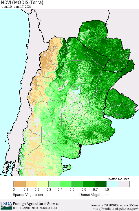 Southern South America NDVI (Terra-MODIS) Thematic Map For 6/11/2021 - 6/20/2021