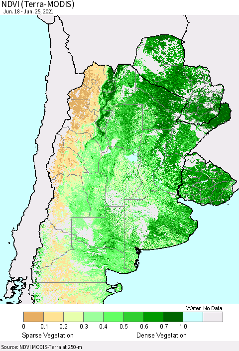 Southern South America NDVI (Terra-MODIS) Thematic Map For 6/18/2021 - 6/25/2021