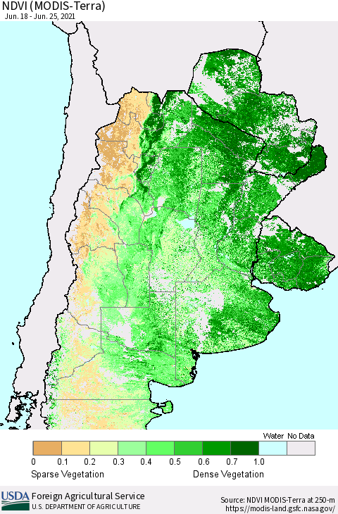 Southern South America NDVI (Terra-MODIS) Thematic Map For 6/21/2021 - 6/30/2021